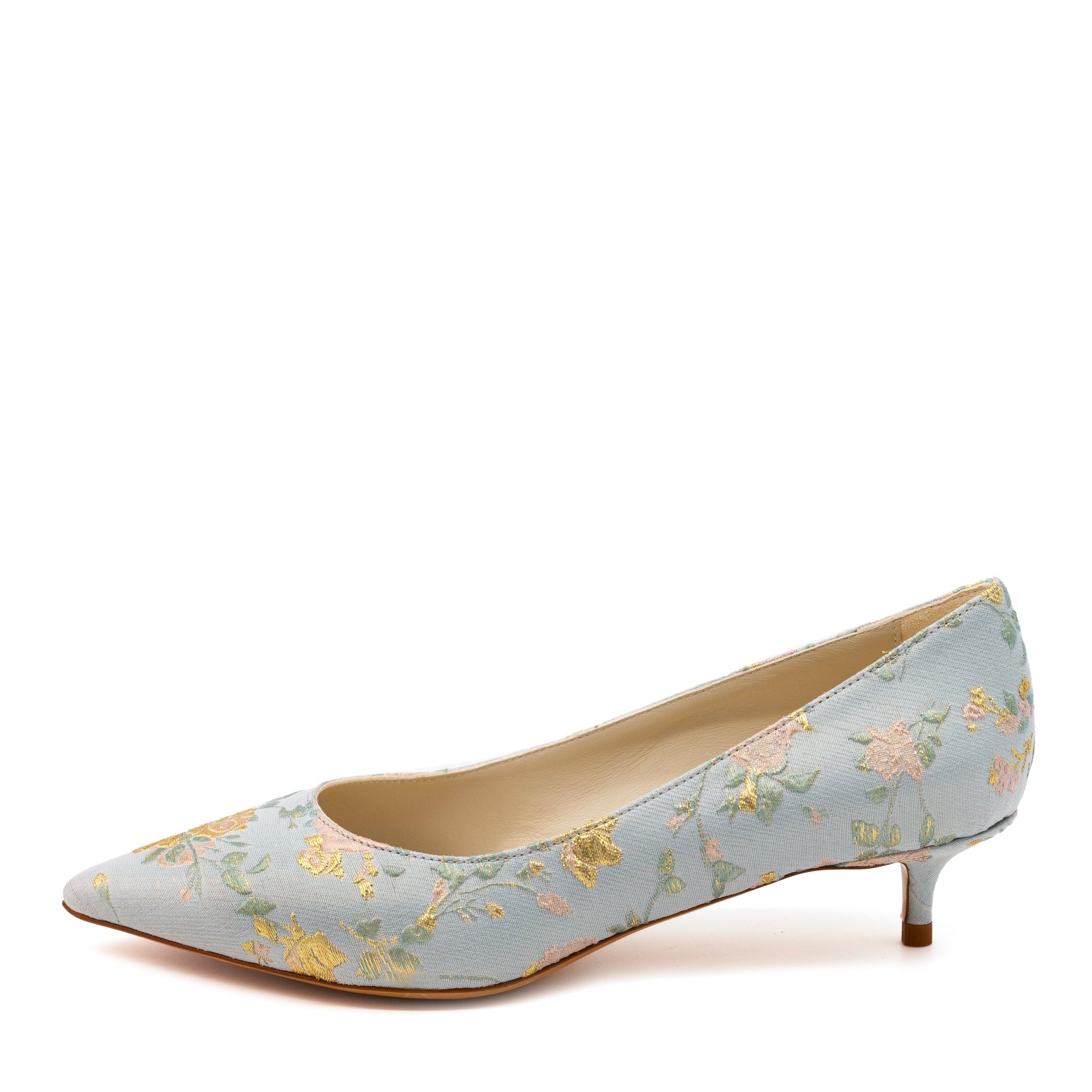 A light blue floral print pump with a kitten heel.