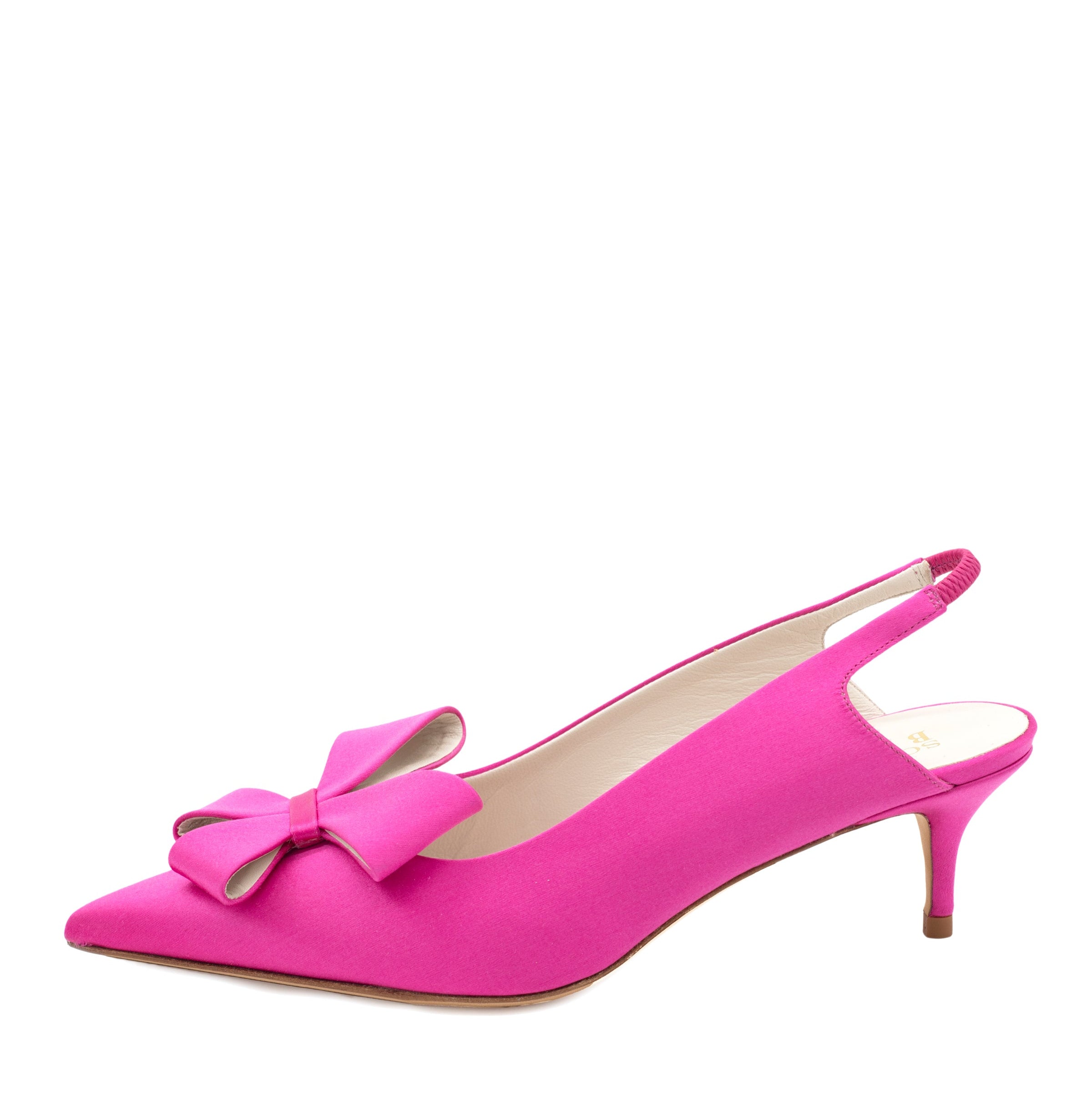 A pink satin slingback kitten heel with a bow detail, handcrafted in Italy.
