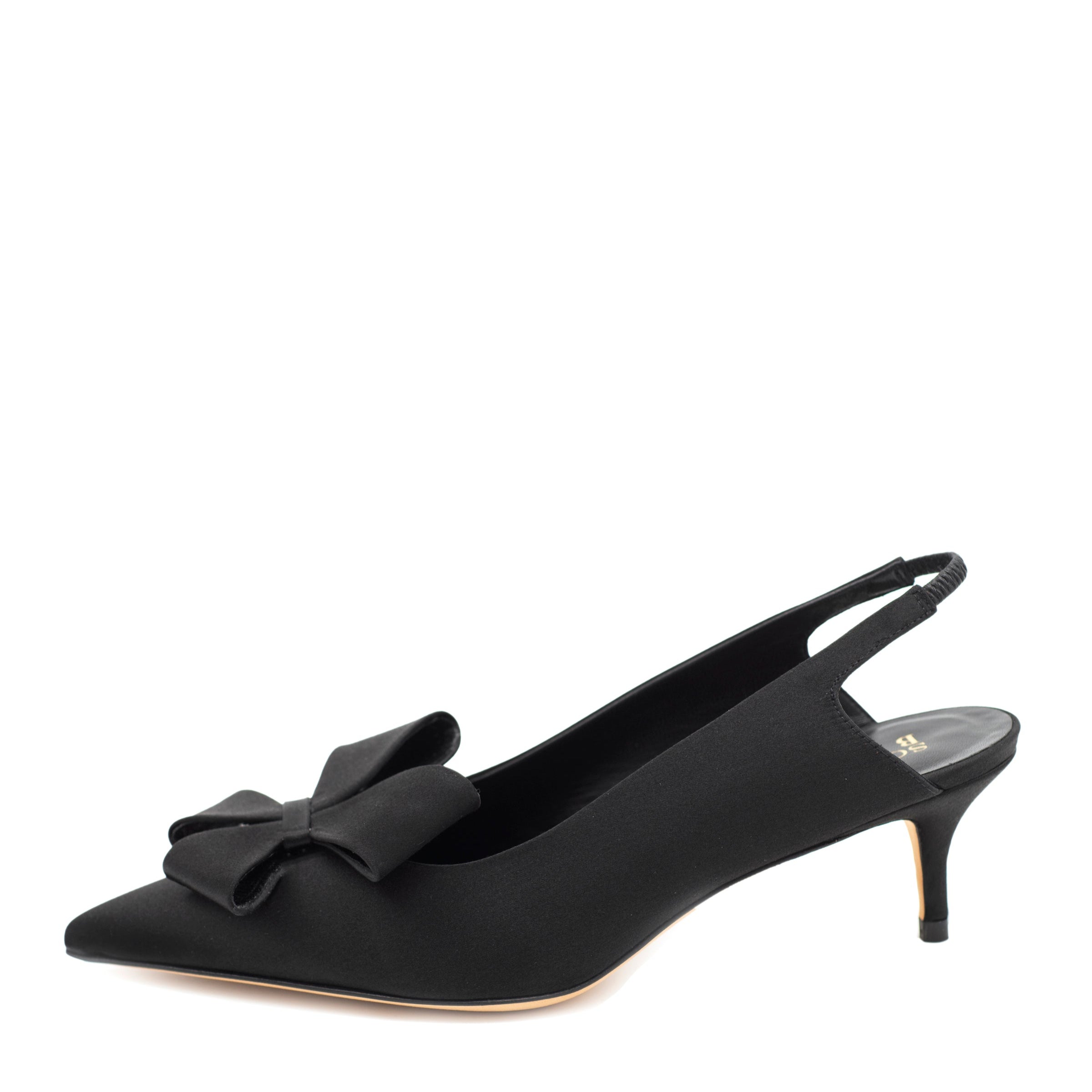 A black satin slip-on sandal with a bow detail on the vamp and a flat sole.