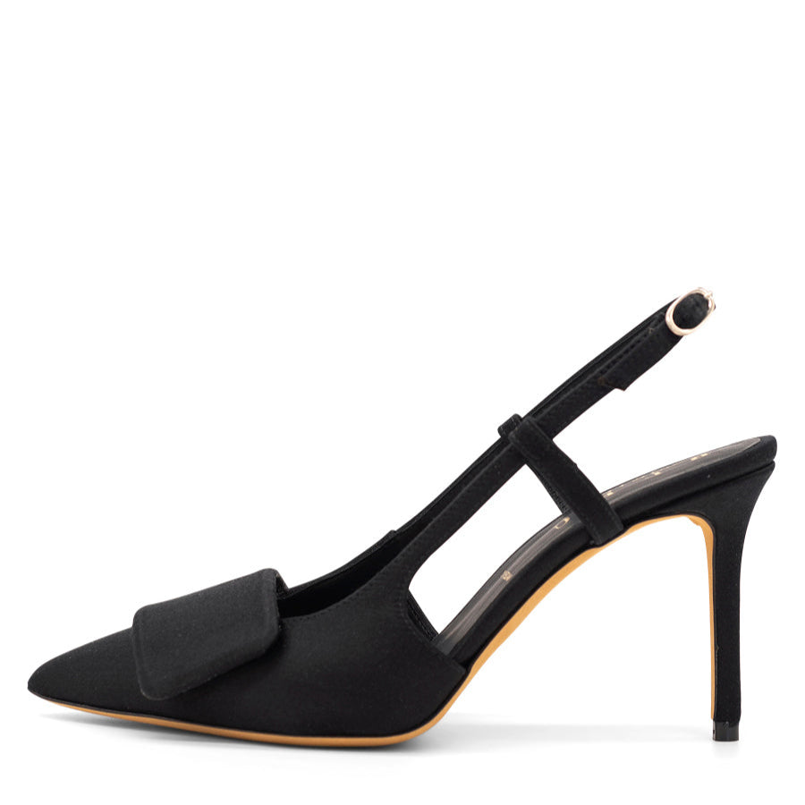 A black pointed toe slingback pump with a satin upper and a heel.