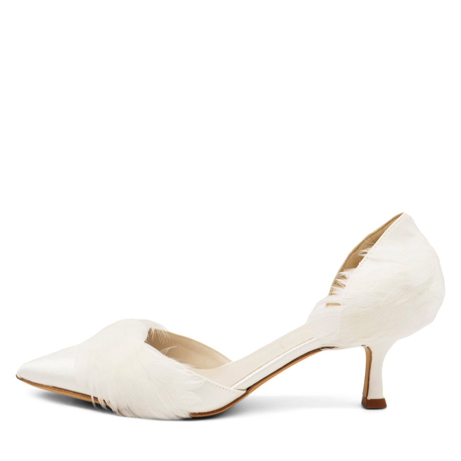 An off-white d'orsay pointed toe pump with a kitten heel.
