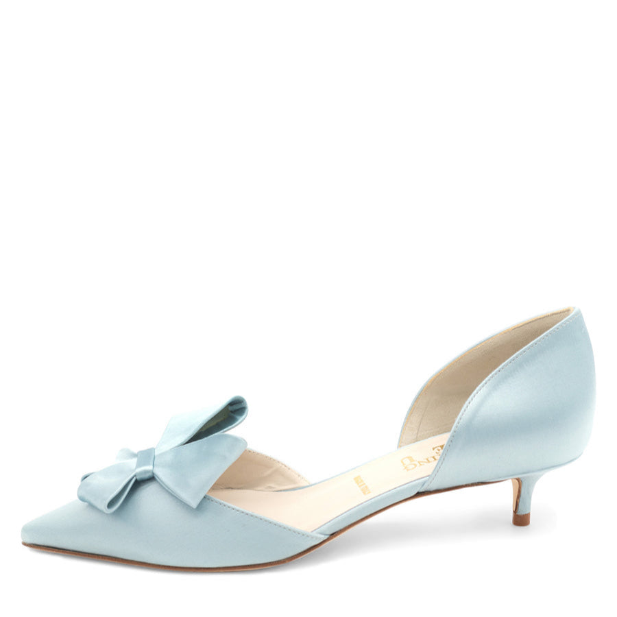 A light blue pointed toe d'Orsay shoe with a kitten heel, displayed on a white background.