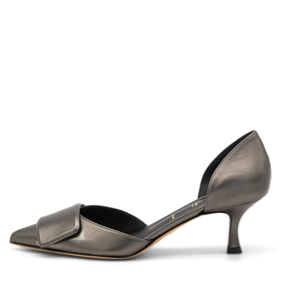 A metallic gray kitten heel pump with a Nappa upper, leather insole and lining, and a leather sole.