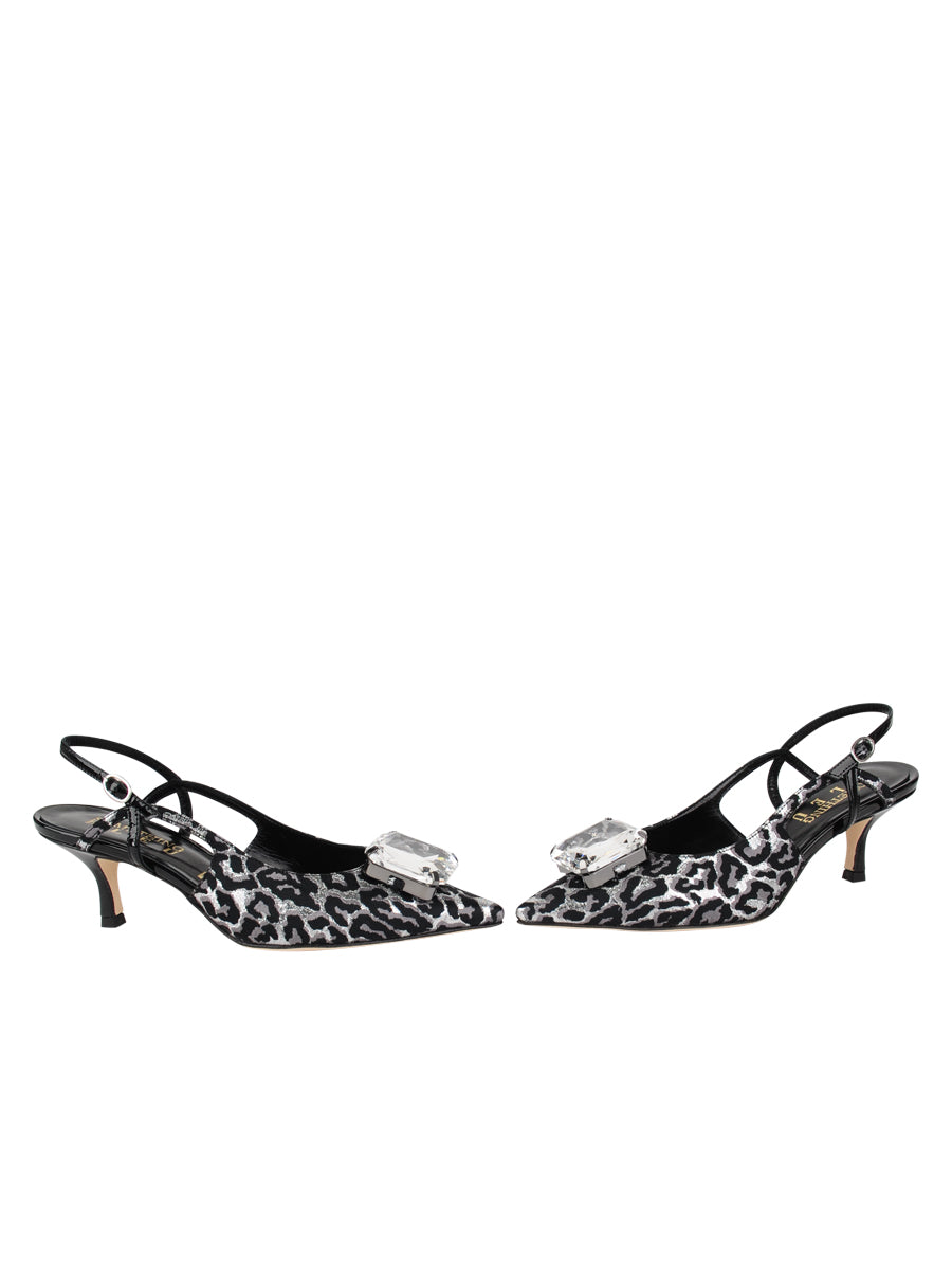 Womens Silver Black Cheetah Fabric Norton Pointed Toe Slingback 5