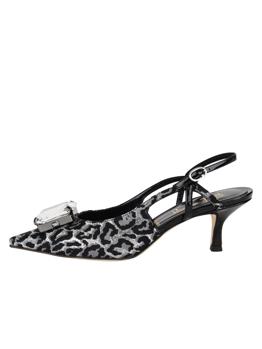 Womens Silver Black Cheetah Fabric Norton Pointed Toe Slingback 7