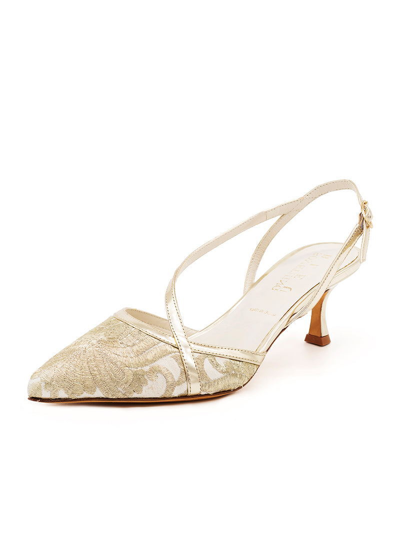 Something Bleu - Sevey Pointed Toe Slingback Kitten Heel - Platinum & White