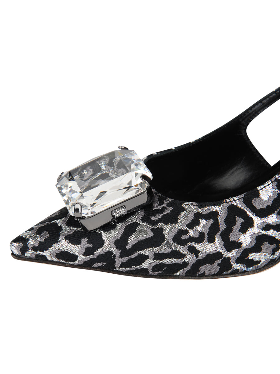 Womens Silver Black Cheetah Fabric Norton Pointed Toe Slingback 6